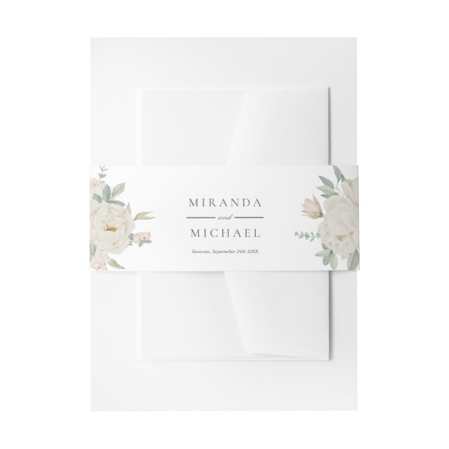 CHIC WHITE ROSES BLUME Botanisches Monogramm Einladungsbanderole (Vorderseite Beispiel)