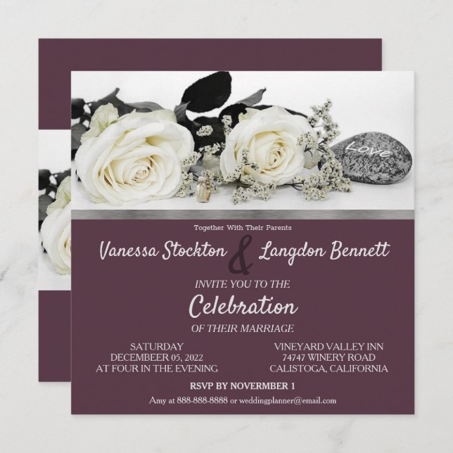 Chic White Roses Einladung zur Hochzeit (Vorne/Hinten)