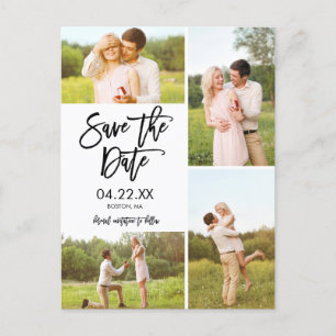 Chic White Save the Date 4-Foto Collage Announcem Ankündigungspostkarte