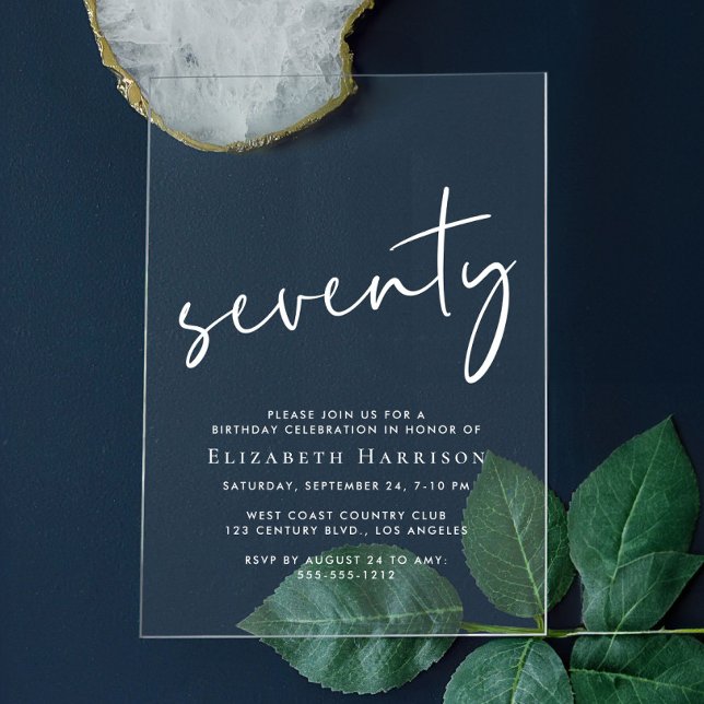 Chic White Script 70. Geburtstagsparty Acryleinladungen (Von Creator hochgeladen)