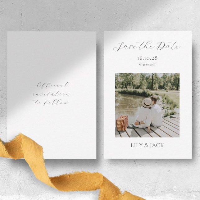 Chic White Script Couple Foto Save the Date Card (Von Creator hochgeladen)