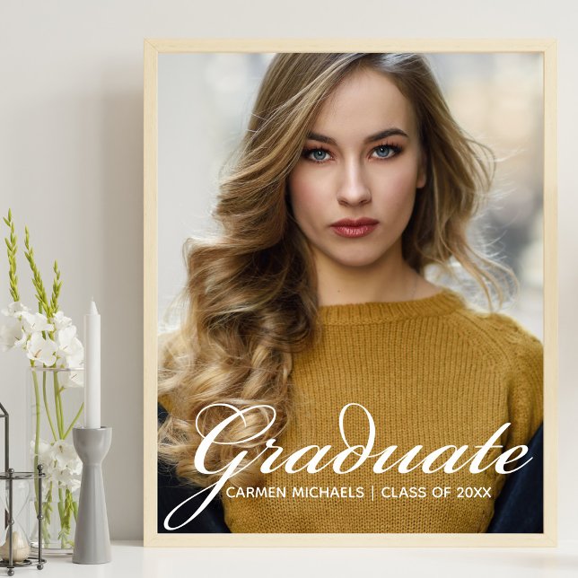 Chic White Script Overlay Graduate Foto Party Poster (Von Creator hochgeladen)