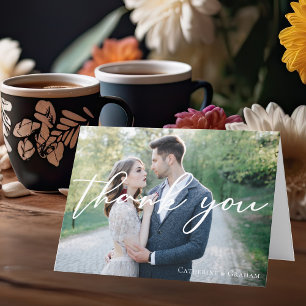 Chic White Script Overlay Wedding Foto Vielen Dank Dankeskarte