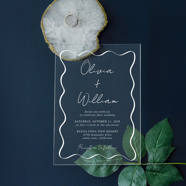 Chic White Script Wavy Frame Wedding Acryleinladungen (Make your wedding day unforgettable with stunning arch acrylic invitations—modern, elegant, unique!)
