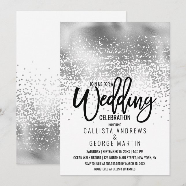 Chic White Silver Foil Confetti Ombre Wedding Einladung (Vorne/Hinten)