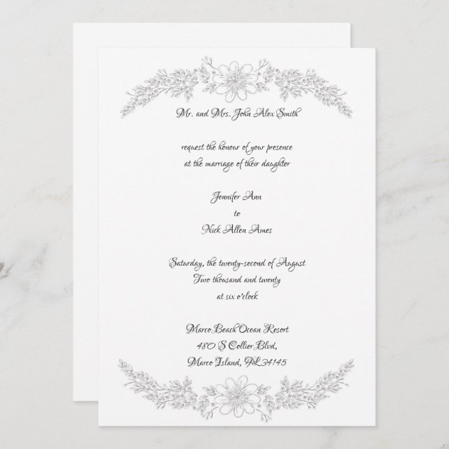 Chic White Silver Foil Floral Hochzeit Einladung (Vorne/Hinten)
