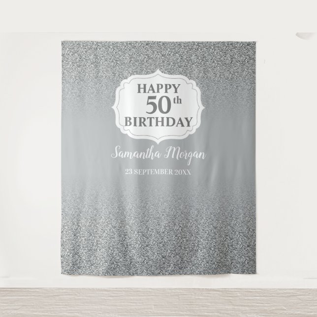 Chic White Silver Glitzer Geburtstagsbanner Wandteppich (Vorderseite)