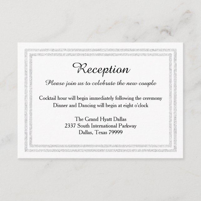 Chic White Silver Glitzer Trim-Empfang Invition Begleitkarte (Vorderseite)