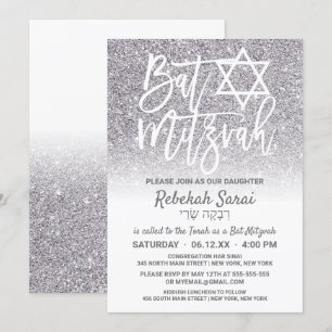 Chic White Silver Imitats Glitzer Ombre Bat Mitzva Einladung