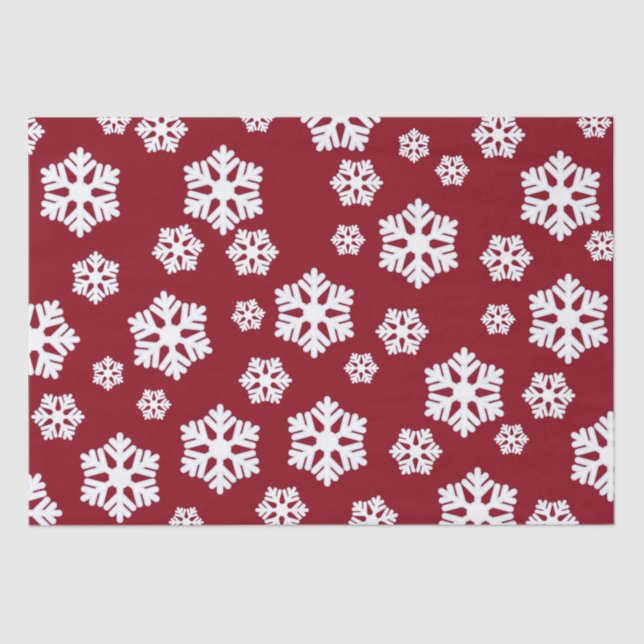 Chic White Snowflakes Nordic Pattern auf Dunkelrot Seidenpapier (Vorderseite)
