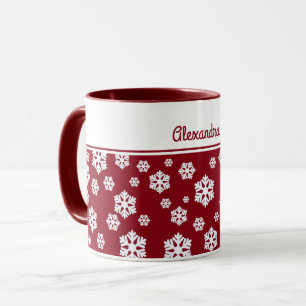 Chic White Snowflakes Nordic Pattern auf Dunkelrot Tasse