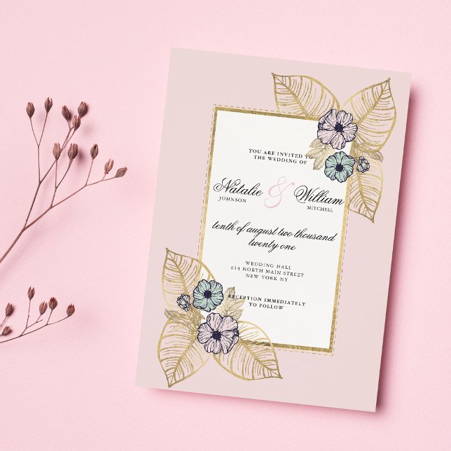 Chic White Tropical gold Pink Minze Blumen Hochzei Einladung (Chic white tropical gold pink mint floral wedding)