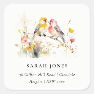 Chic Wild Botanical Watercolor Love Birds Adresse Quadratischer Aufkleber