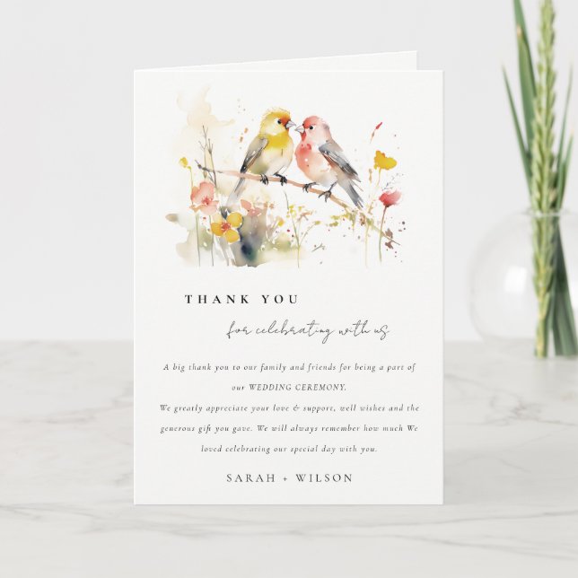 Chic Wild Botanical Watercolor Love Birds Wedding Dankeskarte (Vorderseite)