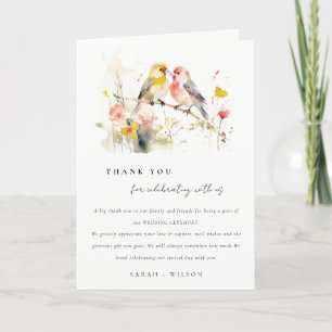 Chic Wild Botanical Watercolor Love Birds Wedding Dankeskarte