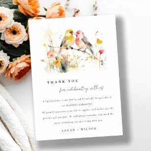 Chic Wild Botanical Watercolor Love Birds Wedding Dankeskarte