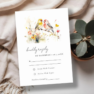 Chic Wild Botanical Watercolor Love Birds Wedding RSVP Karte