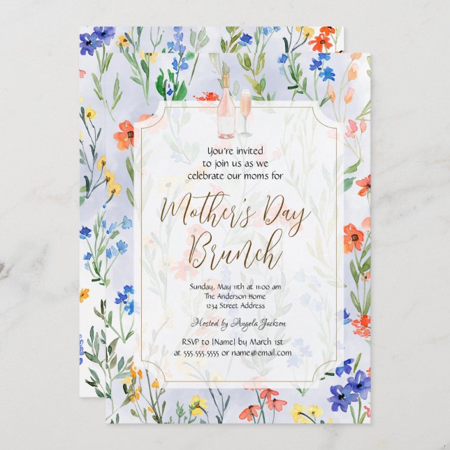 Chic Wildblume Blue Wine Mother Day Brunch Einladung (Vorne/Hinten)