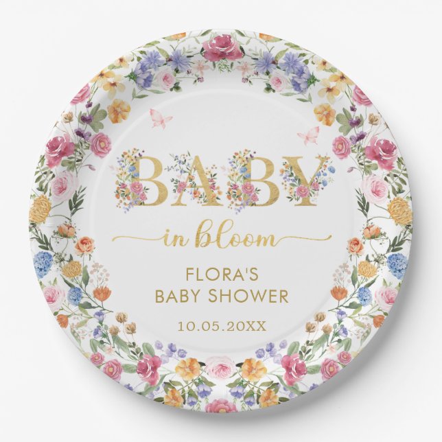 Chic Wildblume Garden Wreath Baby in Blütendusche Pappteller (Vorderseite)