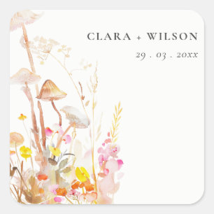 Chic Wildblume Pilz Herbst Botanische Hochzeit Quadratischer Aufkleber