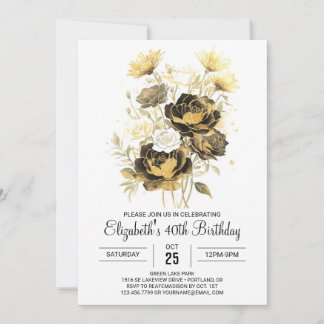 Chic Wildblumen Gold und Schwarz 30. Geburtstag Einladung