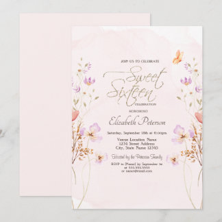 Chic Wildflowers Pink Watercolor Sweet 16 Einladung
