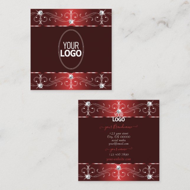 Chic Wine Red Burgundy Verzierte Ornamente mit Log Quadratische Visitenkarte (Vorne/Hinten)