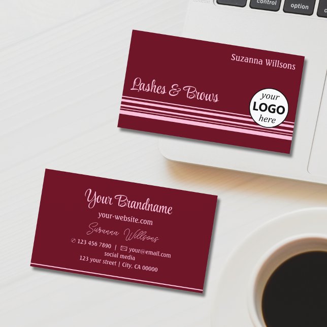 Chic Wine Red Pink Streifen mit Logo Beruflich Visitenkarte (Von Creator hochgeladen)