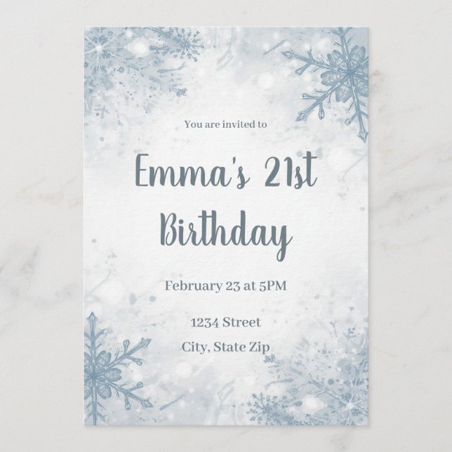 Chic Winter 21st Birthday Invitation – Snowflakes Einladung (Vorderseite)