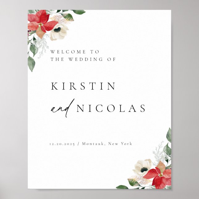 Chic Winter Botanical Floral Wedding Willkommen Poster (Vorne)