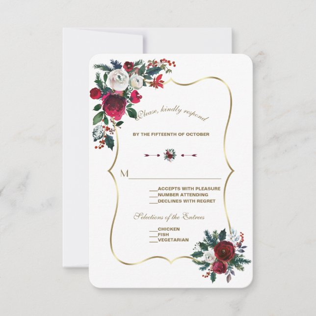 Chic Winter Burgundy Pine Gold Wedding RSVP Karte (Vorderseite)