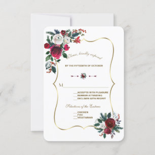 Chic Winter Burgundy Pine Gold Wedding RSVP Karte