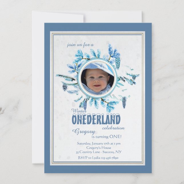 Chic Winter Foto Einladung Blau (Vorderseite)