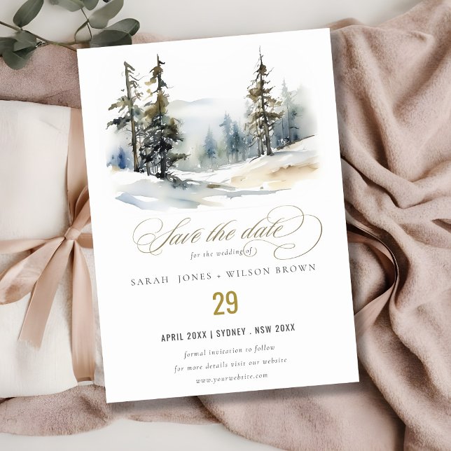 Chic Winter Pine Trees Schnee Landschaft Hochzeit Save The Date (Von Creator hochgeladen)