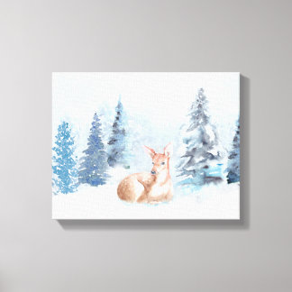 Chic Winter Watercolor Hirsch im Wald Leinwanddruck