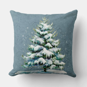 Chic Winter Watercolor Snowy Spruce Tree Monogram Kissen
