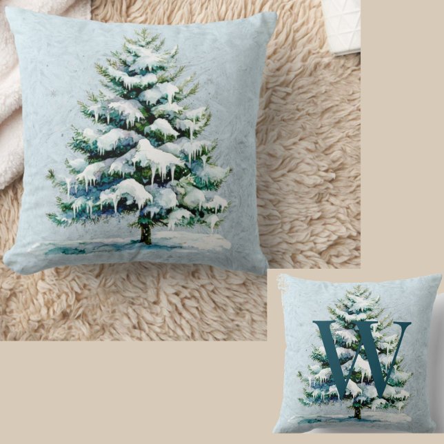Chic Winter Watercolor Snowy Spruce Tree Monogram Kissen (Von Creator hochgeladen)