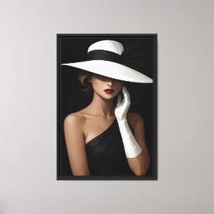 Chic Woman in White Hat und Black Dress Leinwanddruck