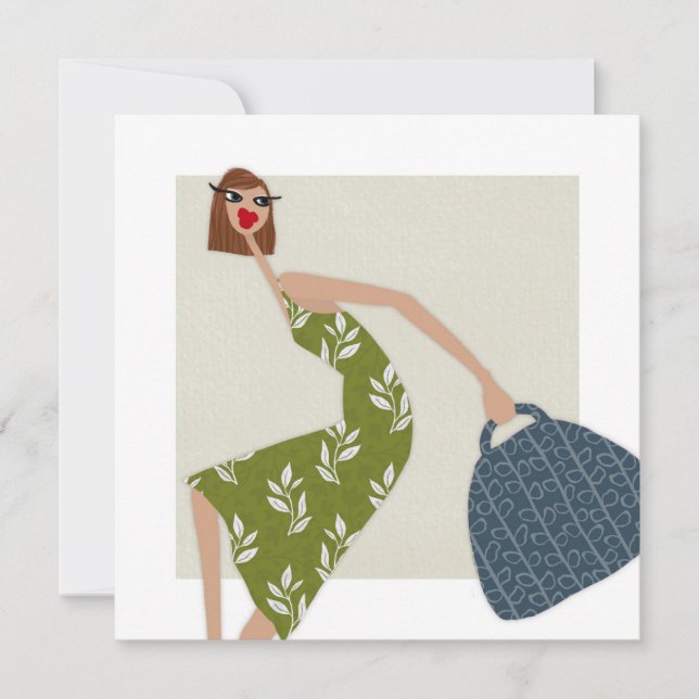 Chic Woman Summer Green Dress Illustration Einladung (Vorderseite)
