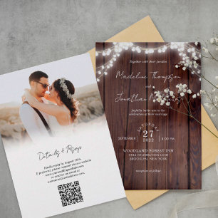 Chic Wood String Lights Foto Wedding QR Code UAwg Einladung