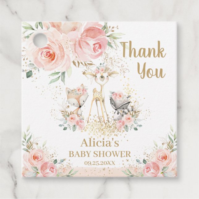 Chic Woodland Animals Blush Floral Baby Dusche Geschenkanhänger (Vorderseite)