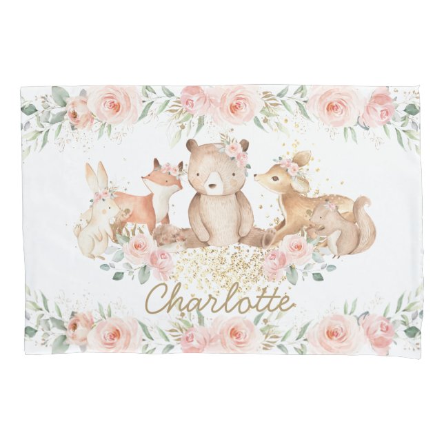 Chic Woodland Animals Blush Floral New Baby Girl Kissenbezug (Vorderseite)