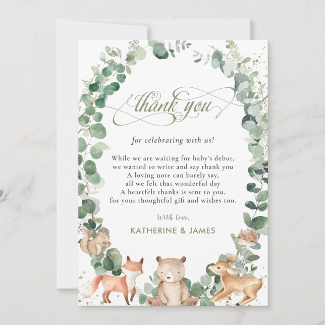 Chic Woodland Animals Greenery Baby Shower   Dankeskarte (Vorderseite)