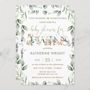 Chic Woodland Animals Greenery Twins Baby Dusche Einladung