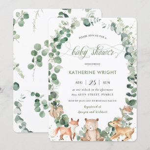 Chic Woodland Animals Grüne Neutrale Baby Dusche Einladung