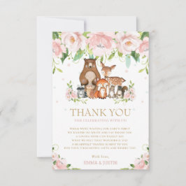 Chic Woodland Animals Pink Floral Baby Dusche Dankeskarte