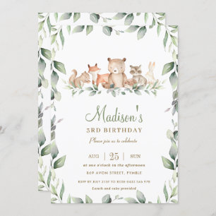 Chic Woodland Tiere Grüne Geburtstagsjunge Mädchen Einladung