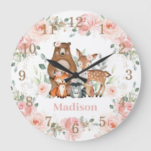 Chic Woodland Tiere Pastell Blush Floral Gold Große Wanduhr