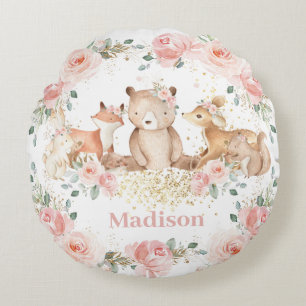 Chic Woodland Tiere Pastell Blush Floral Gold    Rundes Kissen