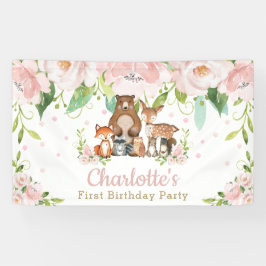 Chic Woodland Tiere Rosa Blumenkulisse Willkommen Banner
